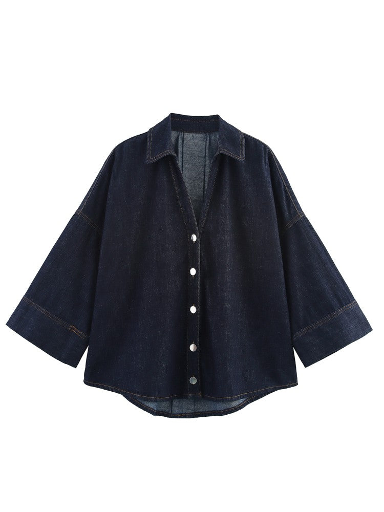 XNWMNZ 2025 Summer Woman's Casual Commuting Long Sleeve Denim Long Sleeve Top Simple Lady Blue Turn-down Collar Fashion Shirt