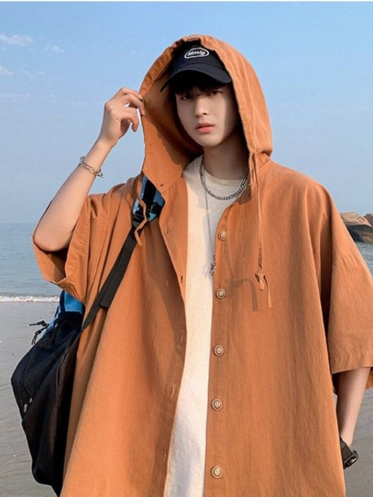 Gmiixder Hooded Short-sleeved Shirts for Men Women Japan Summer Trend Cityboy Solid Blouse Unisex Cargo Button Up Shirt Jacket