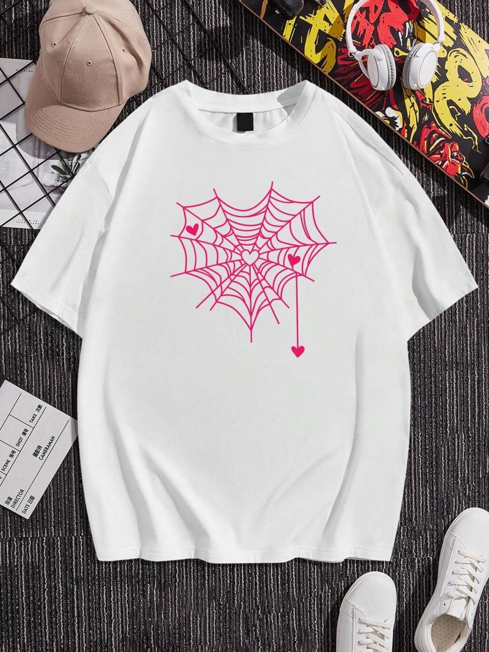 Pink Love Spider Web Funny Graphic Printing Tshirts Men Fashion Cotton T Shirts Summer Breathable Clothes Oversize Street Tee