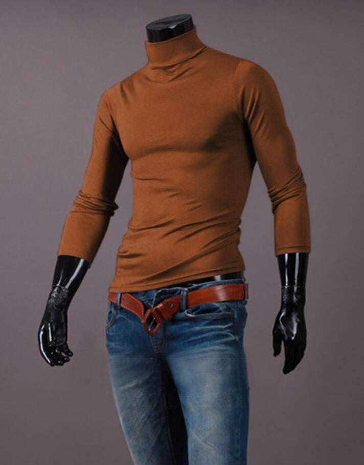 Fashion Men's Casual Slim Fit Basic Turtleneck High Collar Pullover Male Autumn Spring Thin Tops Basic Bottoming Plain T-shirt