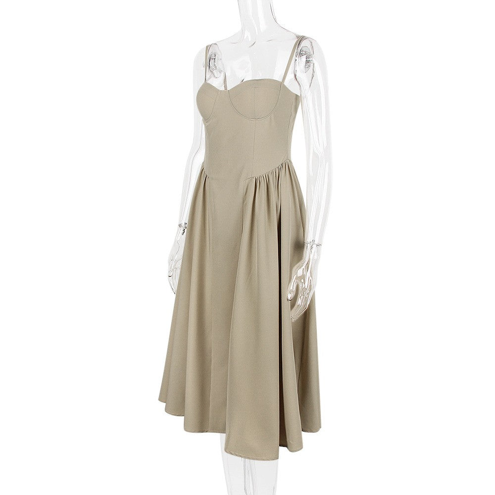 Summer Women Elegant Sleeveless Backless Pleated Dresses Lady Sexy Solid Sling M