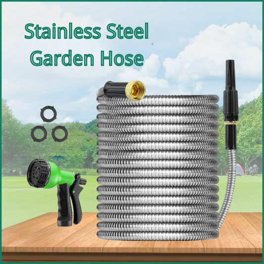 Mangueira de Jardim de Aço Inoxidável 304 de 30m, Mangueira de Água Pesada de Metal com Bicos para Quintal e Área Externa, Flexível, Nunca Enrosca e Não Dobra