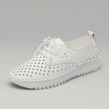 Genuine Leather ladies flats sneakers shoe Women casual loafers shoes female Hollow moccasins White Lace up canvas Boat shoes