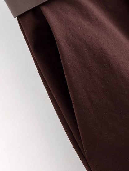 Tidalyf 2025 Women Vintage Brown Wide Leg Pants with Metal Belt High Waist Casual Trousers