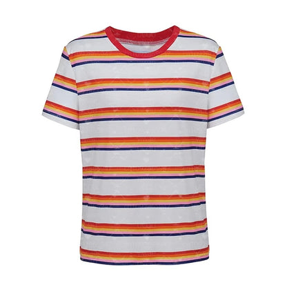 2026 Max Mayfield Cosplay Costume Rainbow Striped T-shirt Women Kids Casual Colorful For Short Sleeve -T-Shirt