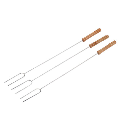 3Pcs 47.2cm Barbecue Forks Multifunctional Stainless Steel Roasting Stick with Beech Wood Handle for Outdoor BBQ Camping