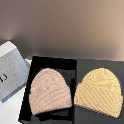 Rhinestone Decor Rabbit Fur Knitted Hat Warm Ear Flap Beanie for Women Luxury Soft Slouchy Cap Face Slimming Design