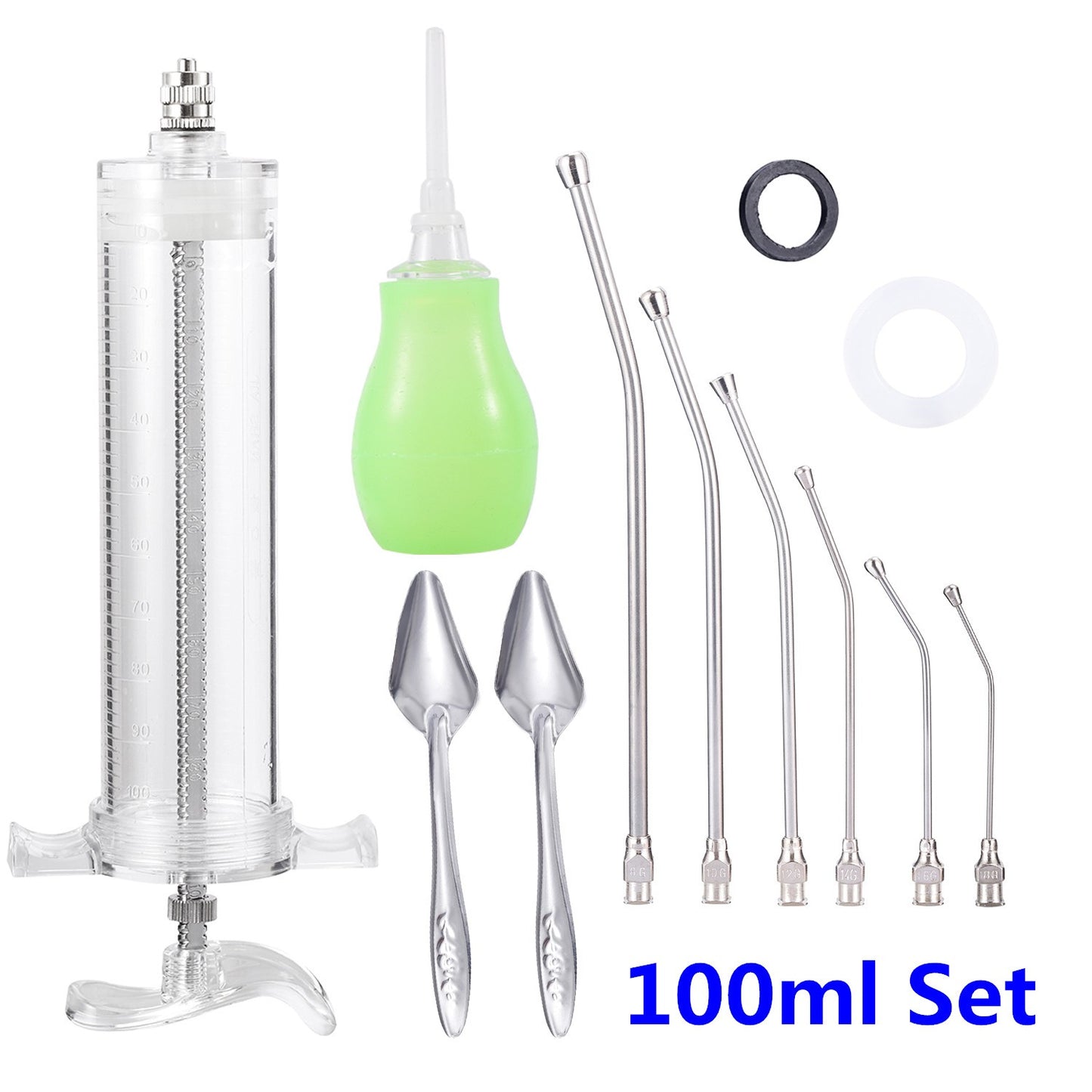 Alimentação manual de pintos e pássaros jovens de canários e pombos, conjunto de seringas de 10/20/50/100ml, 6 peças de tubo curvo de PC, colher de alimentação de metal.