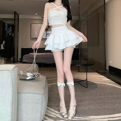 Princess Kawaii Sweet Mini Skirt Elastic High Waist Ballet-Style Tiered Skirt New White Casual Matching Girl's Short Cake Skirt