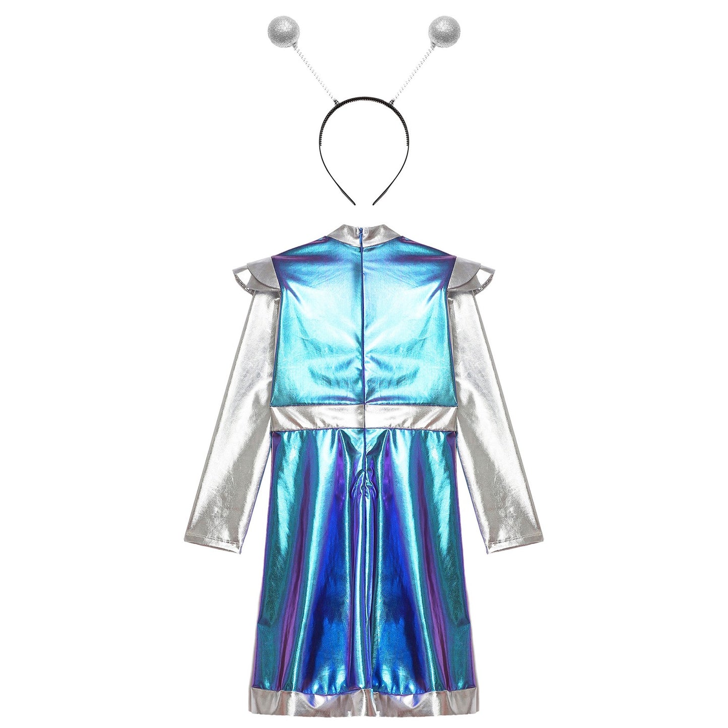 Kids Alien Cosplay Costume Outfits Boys Girls Metallic Shiny Alien Jumpsuit Halloween Full Length Bodysuit with Hair Hoop Suit