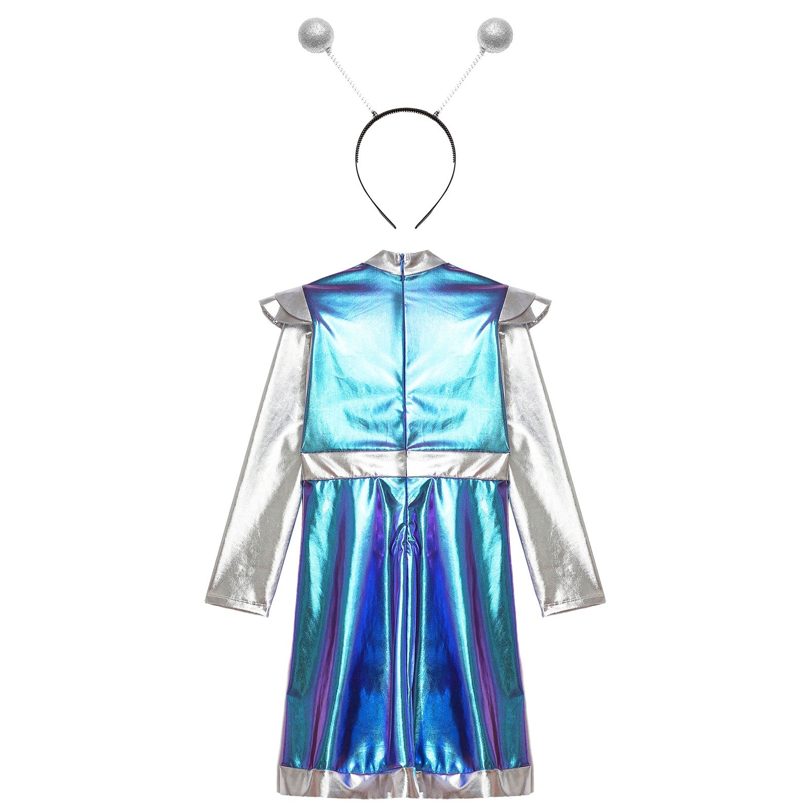 Kids Alien Cosplay Costume Outfits Boys Girls Metallic Shiny Alien Jumpsuit Halloween Full Length Bodysuit with Hair Hoop Suit