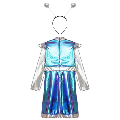 Kids Alien Cosplay Costume Outfits Boys Girls Metallic Shiny Alien Jumpsuit Halloween Full Length Bodysuit with Hair Hoop Suit