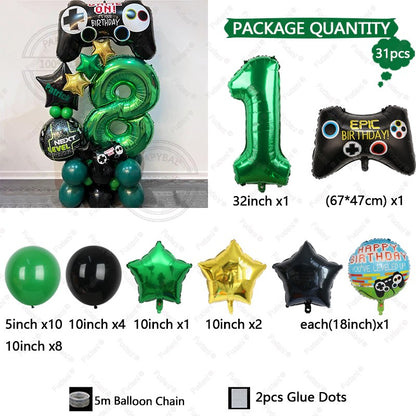 31pcs Gamepad Theme Balloon Green Number Birthday Balloon Set Game Theme Party Decoration Birthday Surprise Gifts