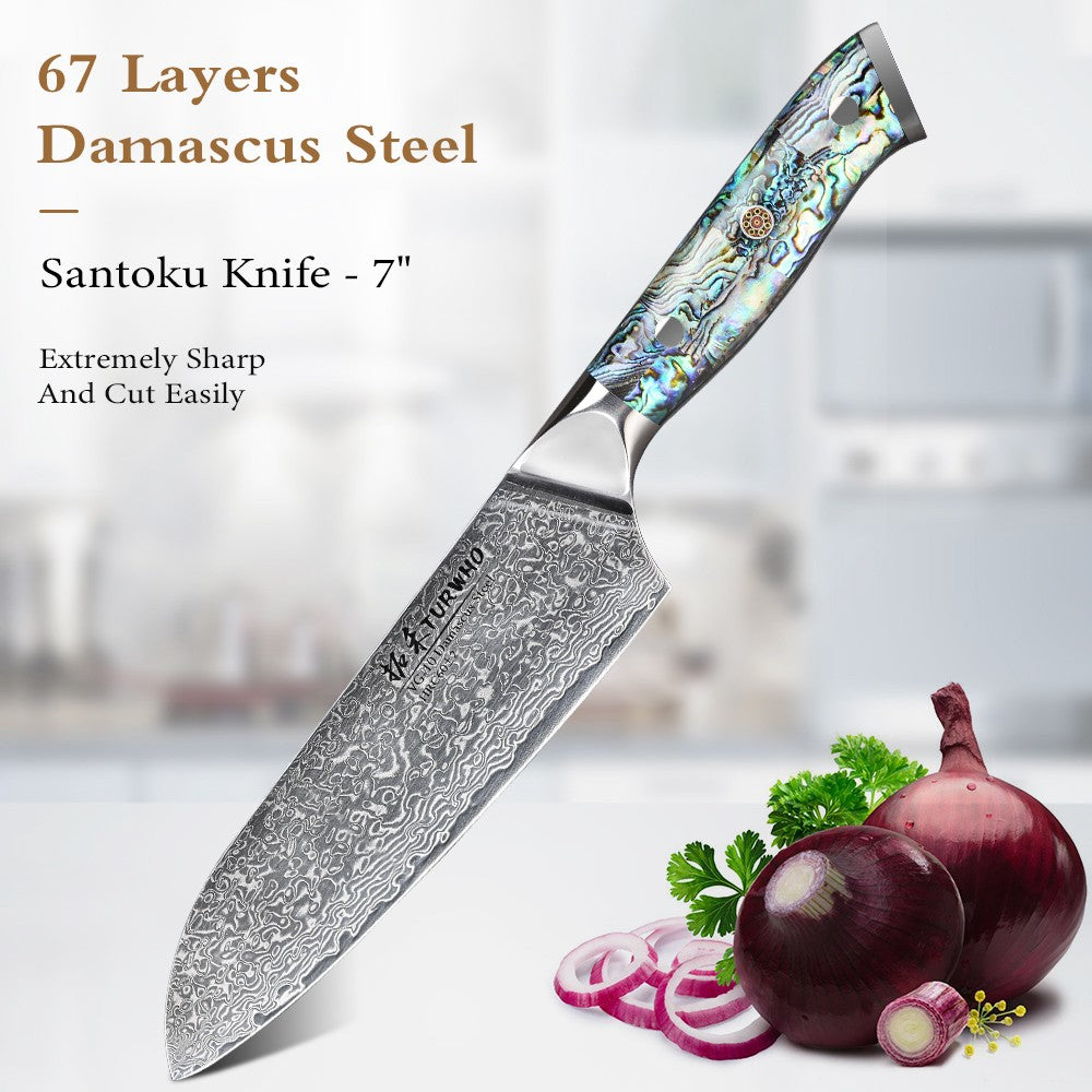 Faca de Cozinha TURWHO Japonesa de Aço Damasco de 67 Camadas com Cabo de Abalone Afiada Faca Santoku para Pão Bife Faca de Chef Ferramentas de Corte para Cozinha