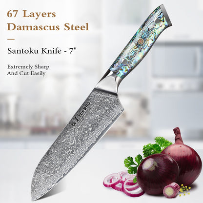 Faca de Cozinha TURWHO Japonesa de Aço Damasco de 67 Camadas com Cabo de Abalone Afiada Faca Santoku para Pão Bife Faca de Chef Ferramentas de Corte para Cozinha