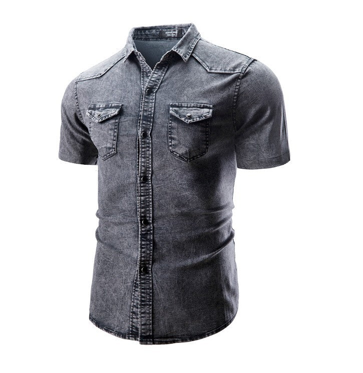 New Men's Fashion Short Sleeve Denim Shirt Soft Solid Color Slim Fit Cowboy Top for Men
