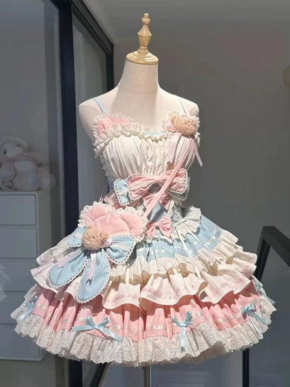 Summer Japanese Style Kawaii Lolita Dress Women Party Vintage Sweet Lace Bow Birthdays Cake Dresses Harajuku Y2k Bandage Dress