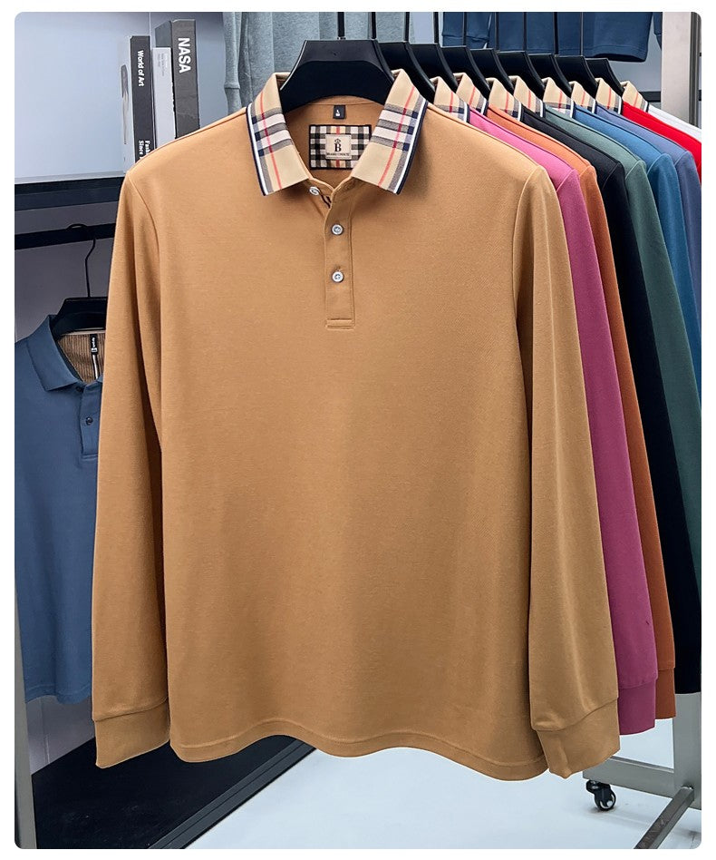Luxury brand long sleeve polo shirt men comfortable casual autumn item silk cotton high-end Korean fashion plaid lapel T-shirt