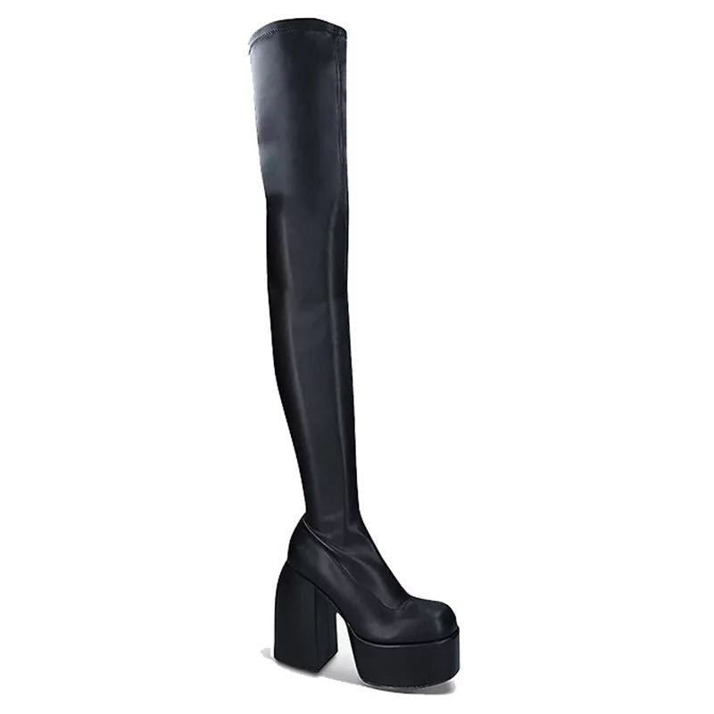 Comemore Women Punk Style Autumn Winter Chunky Platform High Boot Party Shoes Ladies Black Thick Heels Elastic Knee High Boots