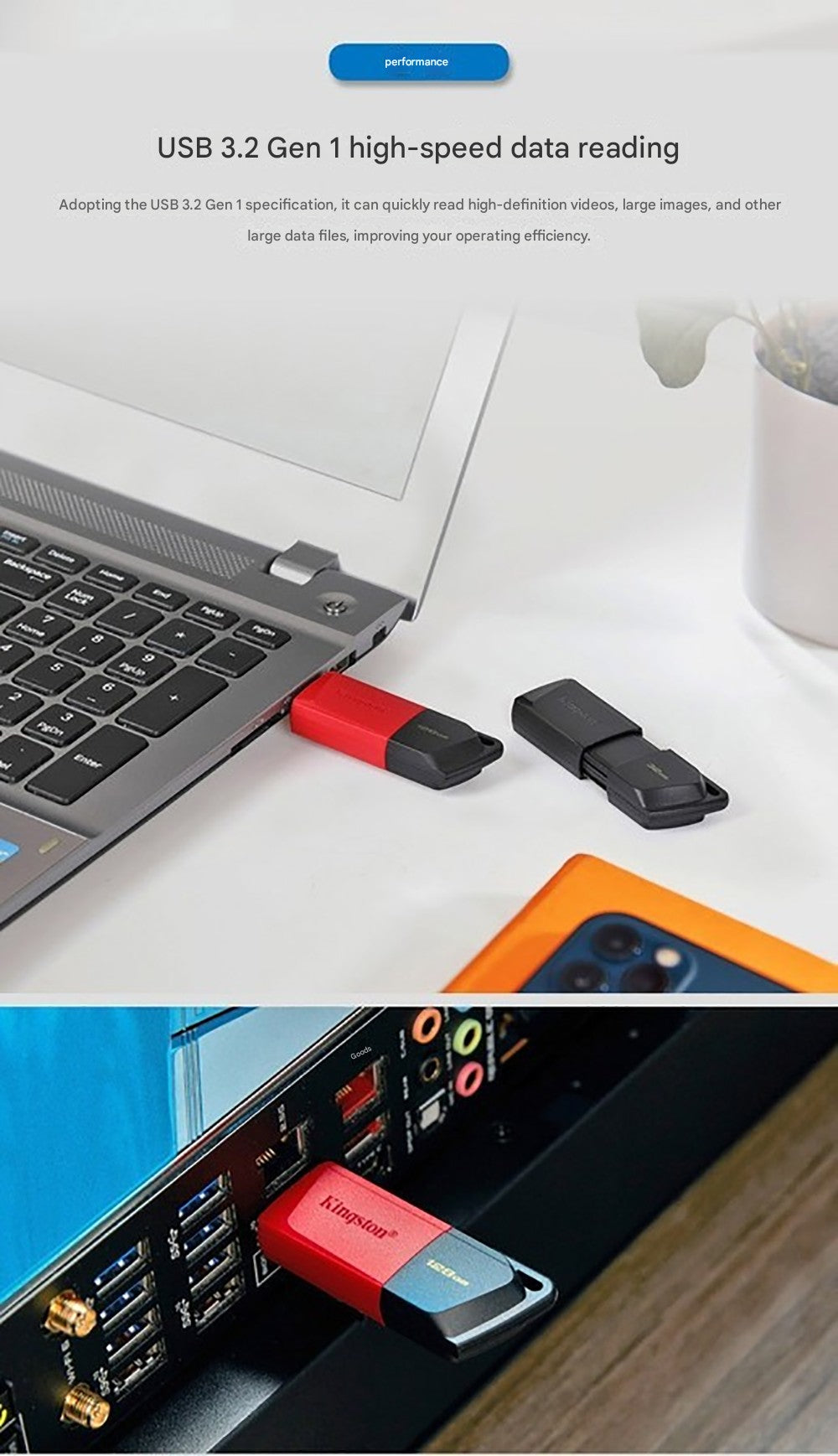 Pen Drive Kingston USB 3.2 Gen 1 Unidade Flash 64GB 128GB 256GB Disco Flash Mini Chave de Memória Original Pen Drive 3.2 para PC