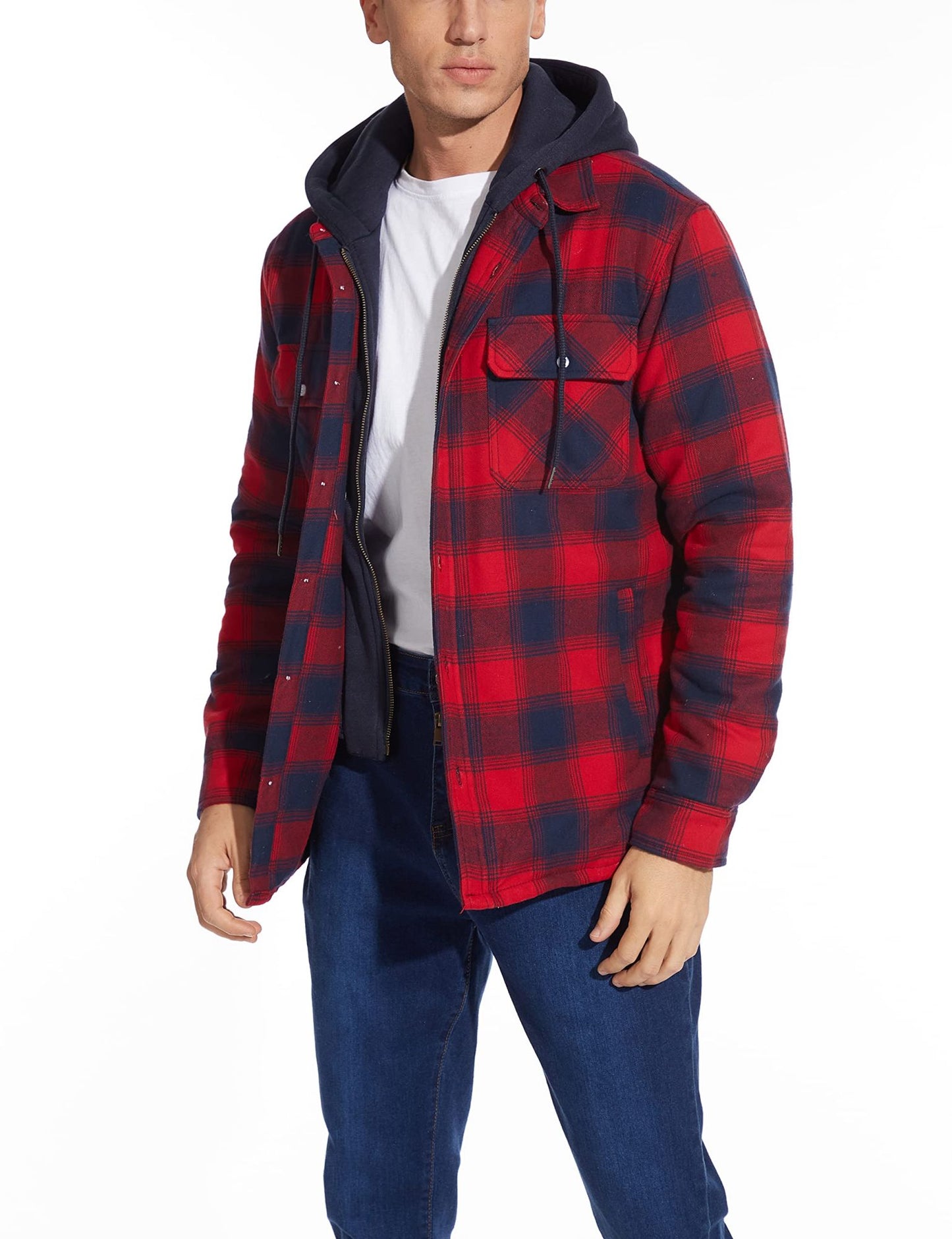 MAGCOMSEN Men's Flannel Jacket with Removable Hood 5 Pockets Plaid Quilted Lined Winter Coats Thick Hoodie Outwear Fleece Jacket