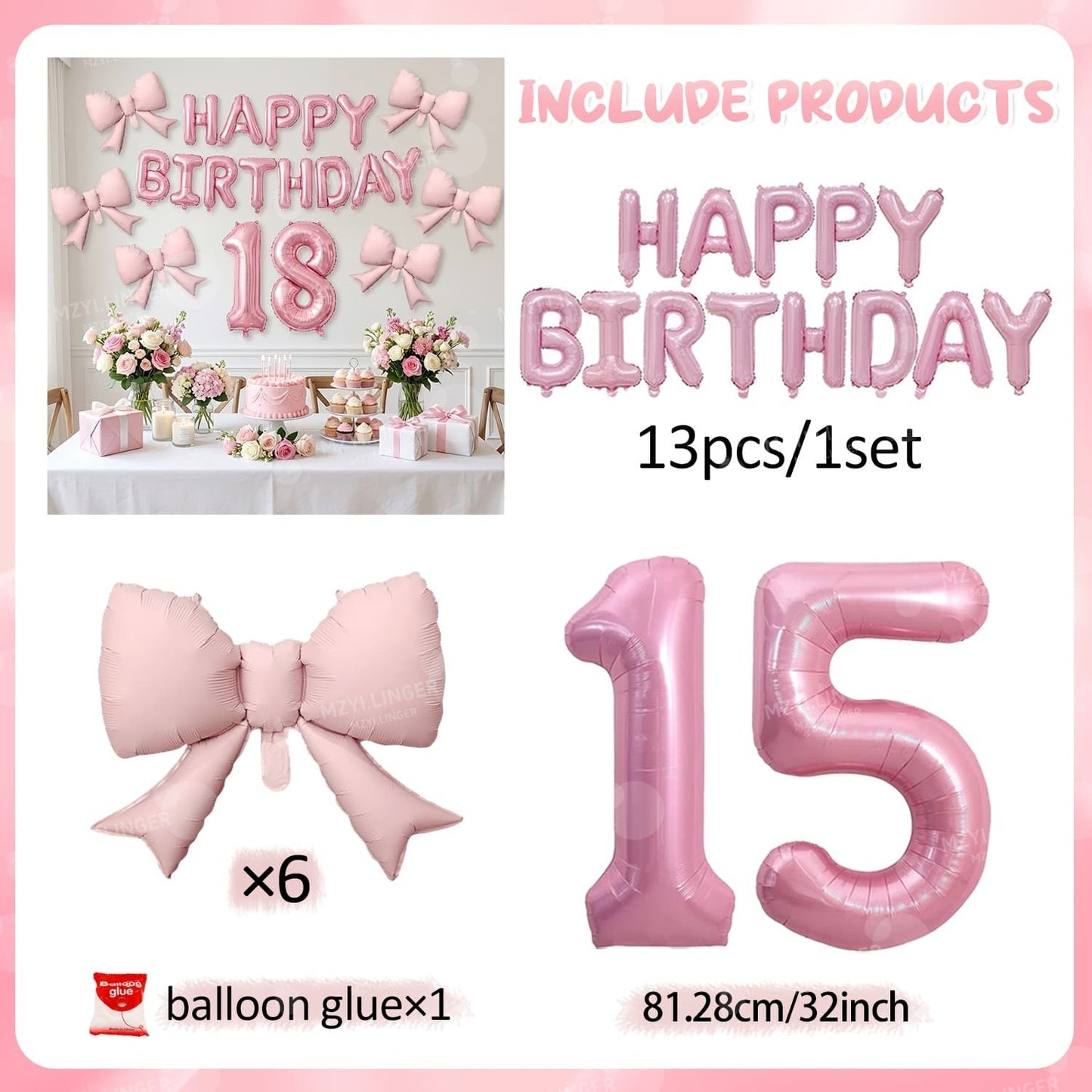 Pink Bow Birthday Balloon Happy Birthday Letter Balloon Used for Wedding, Valentine's Day, Birthday, Proposal Decoration Decor