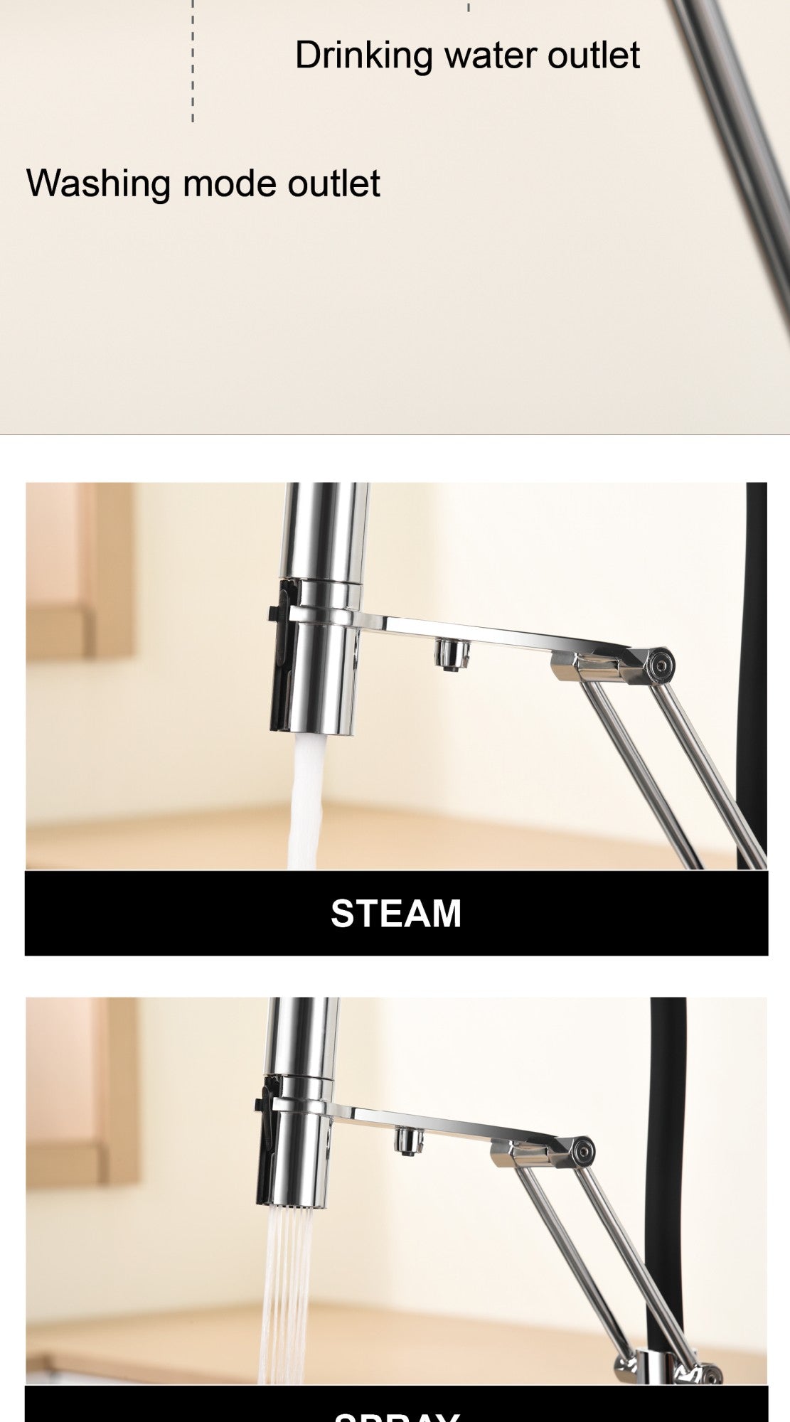 Torneira de Cozinha Moderna em Latão Cromado com Spray Retrátil 3 em 1, Função de Água Pura, Furo Único, Misturador de Pia Quente e Frio com 2 Alças