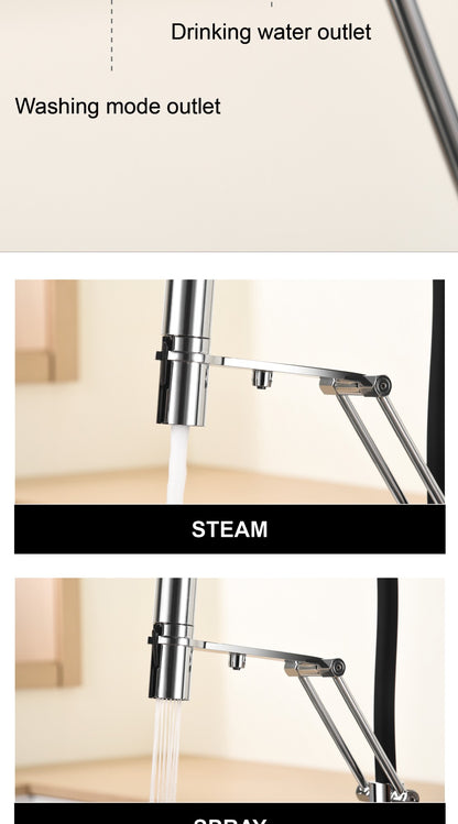 Torneira de Cozinha Moderna em Latão Cromado com Spray Retrátil 3 em 1, Função de Água Pura, Furo Único, Misturador de Pia Quente e Frio com 2 Alças
