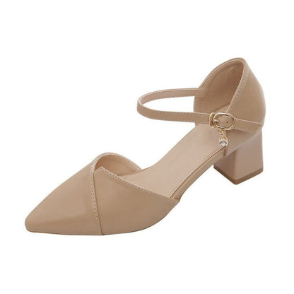 Sandália Feminina Elegante Bege Bico Fino Salto Médio Tira Fina Transpassada Fivela Sapatos de Escritório Diários