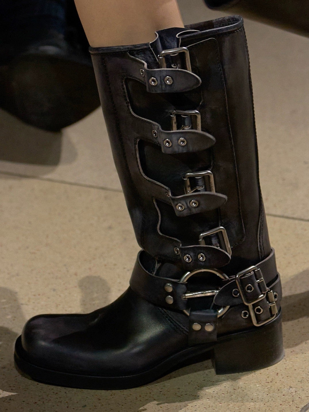 Arden Furtado 2025 Genuine Leather Platform Rivet Motorcycle boots Round toe Belt buckle Block heel mid wide calf Western boots