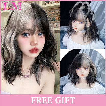 LM Medium Length Pink Cosplay Wig Heat Resistant Costume Party Synthetic Wigs 2 Clip On Ponytail 7 Colors