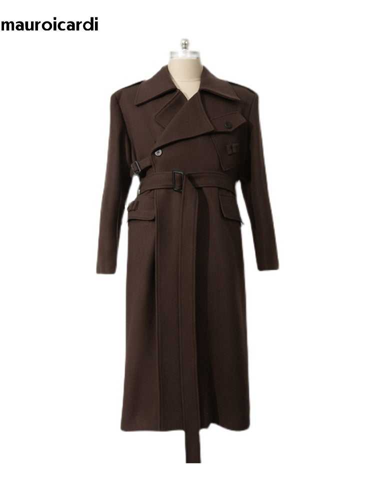 Mauroicardi Autumn Winter Cool Elegant Long Warm Black Woolen Trench Coat Men Belt Luxury Designer Clothes Wool Blends Overcoat