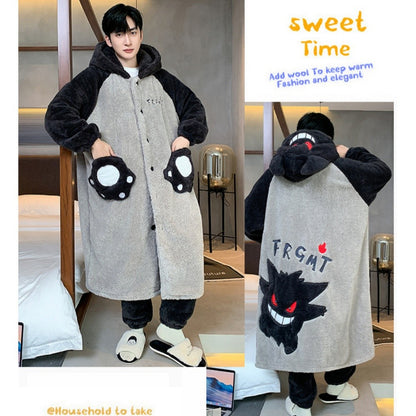 Gengar Pajamas Suit Anime Pokemon Winter Coral Fleece Nightgown Large Size of Thickened Warm Cartoon Men Hooded Home Suit Set
