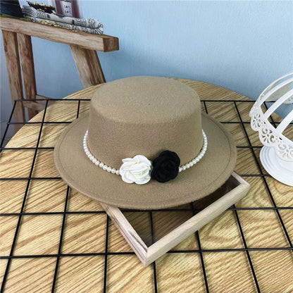 Chapéu Fedora Feminino Corrente Floral Alta Costura com Alfinetes de Pérola Boné em Relevo Preto Branco Outono Inverno Chapéu de Aba Larga para Meninas