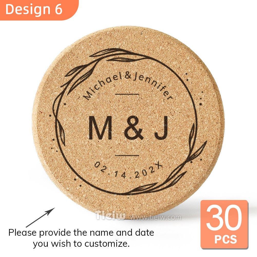 30pcs Personalized Cork Coasters-Tieiw Design-Wedding Favor for Guests Party Bridal Shower Corporate Engraved Coaster Gifts Bulk