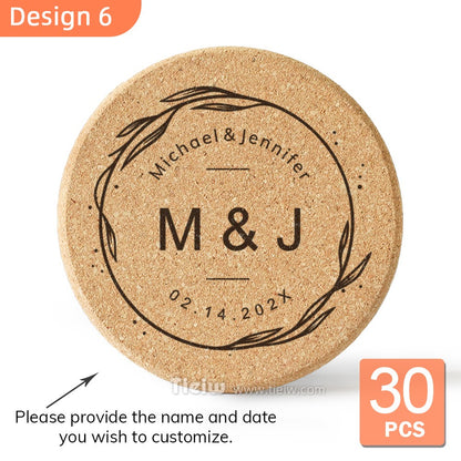 30pcs Personalized Cork Coasters-Tieiw Design-Wedding Favor for Guests Party Bridal Shower Corporate Engraved Coaster Gifts Bulk
