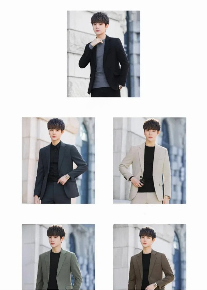 S-6XL Men's Business Casual Suit Korean Style Trendy Slim Fit 2 Piece Set Solid Color ?Blazer+ Pants )Groom Wedding Dress Party