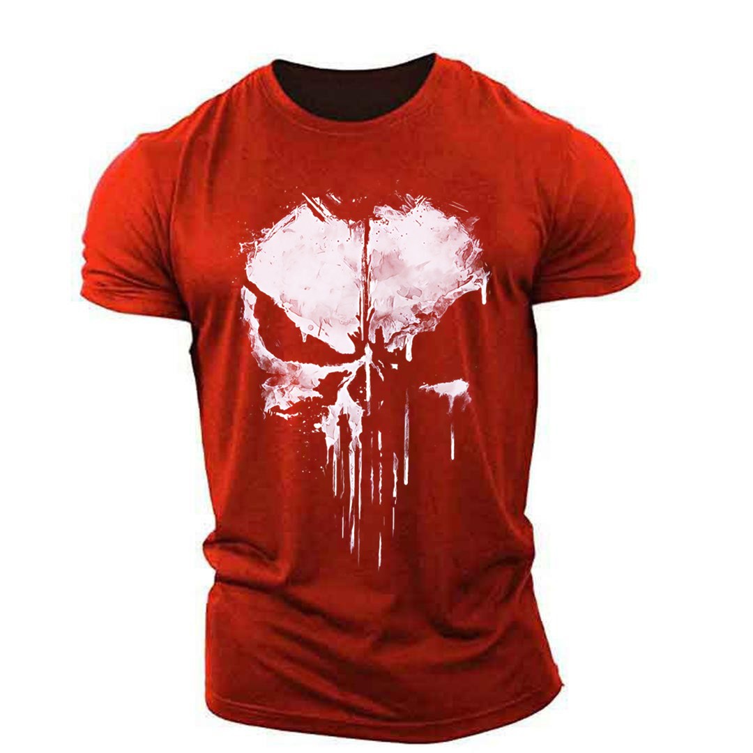 Oversized Harajuku Skull Print T-Shirt Summer Muscle Men's Sports Personality Short Sleeve Outdoor Stretch Quick Dry O-Neck Top
