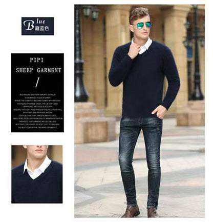 Autumn And Winter New Warm Pure Mink Cashmere Sweater Men's V-neck Pullover Thickened Plus Size Knitted Bottoming Shirt
