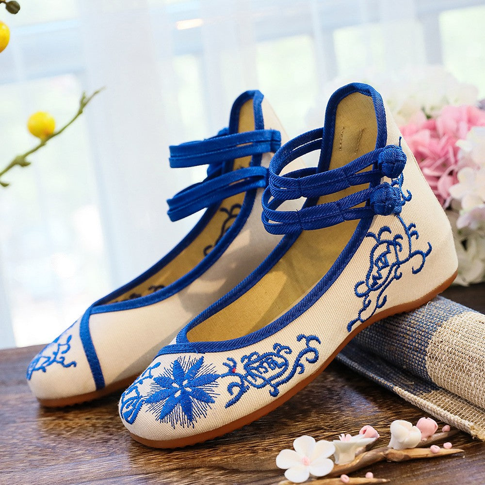 Veowalk Sunflower Embroidered Women Canvas Ballet Flats Ankle Strap Ladies Casual Cotton Chinese Embroidery Ballerina Shoes