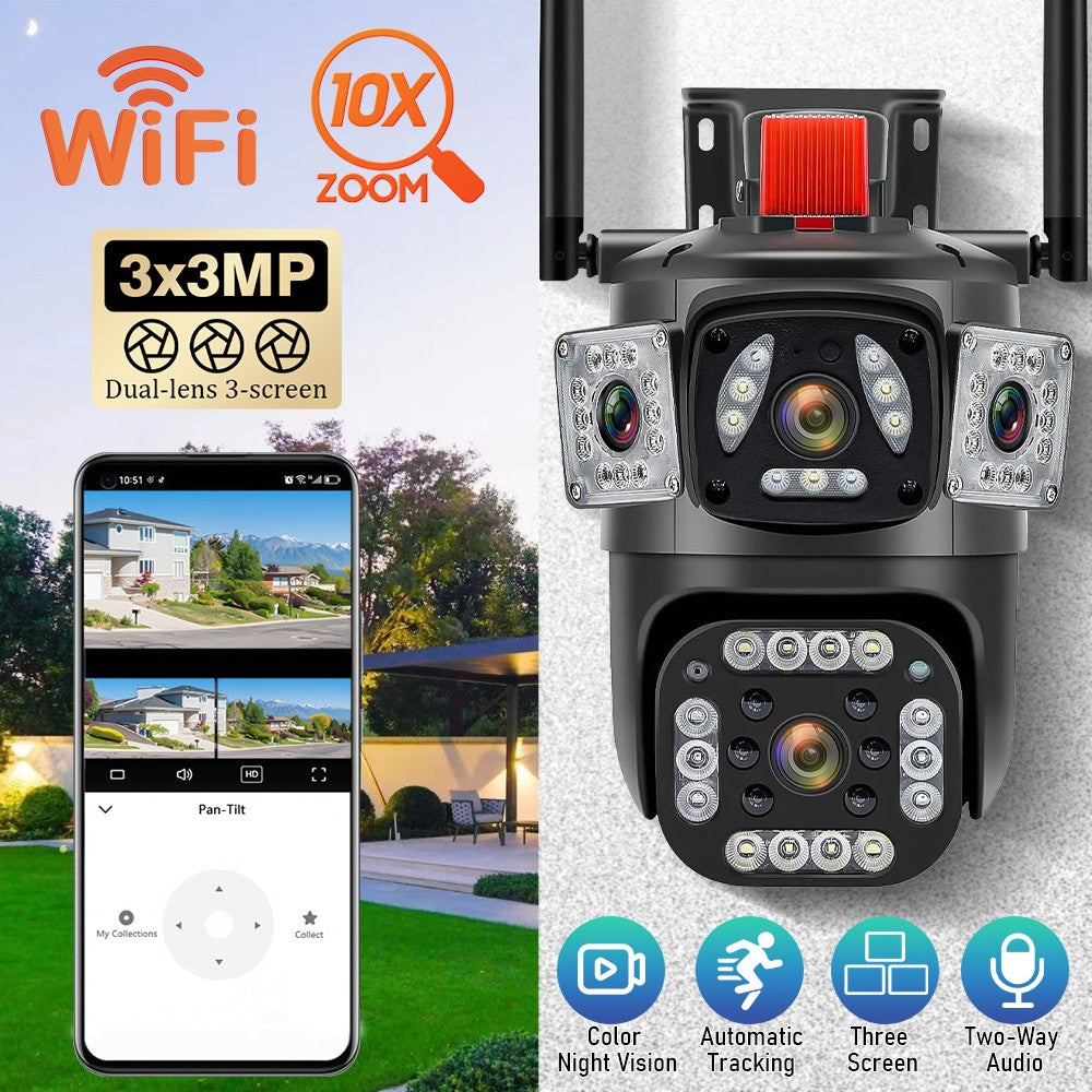 9MP 8K WiFi Camera Outdoor 10X Zoom Three Lens Dual Screen PTZ Waterproof Surveillance Security Video Street Camera