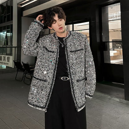 Korean Fashion Shiny Sequin Jacket Sliver Round Collar Long Sleeve Jackets Coats Autumn New Ladies Gentleman High Street
