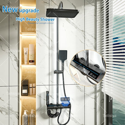 Conjunto de Chuveiro para Banheiro com Botões de Piano, Luz Ambiente, Display Digital, Pressurização e Ducha de Teto