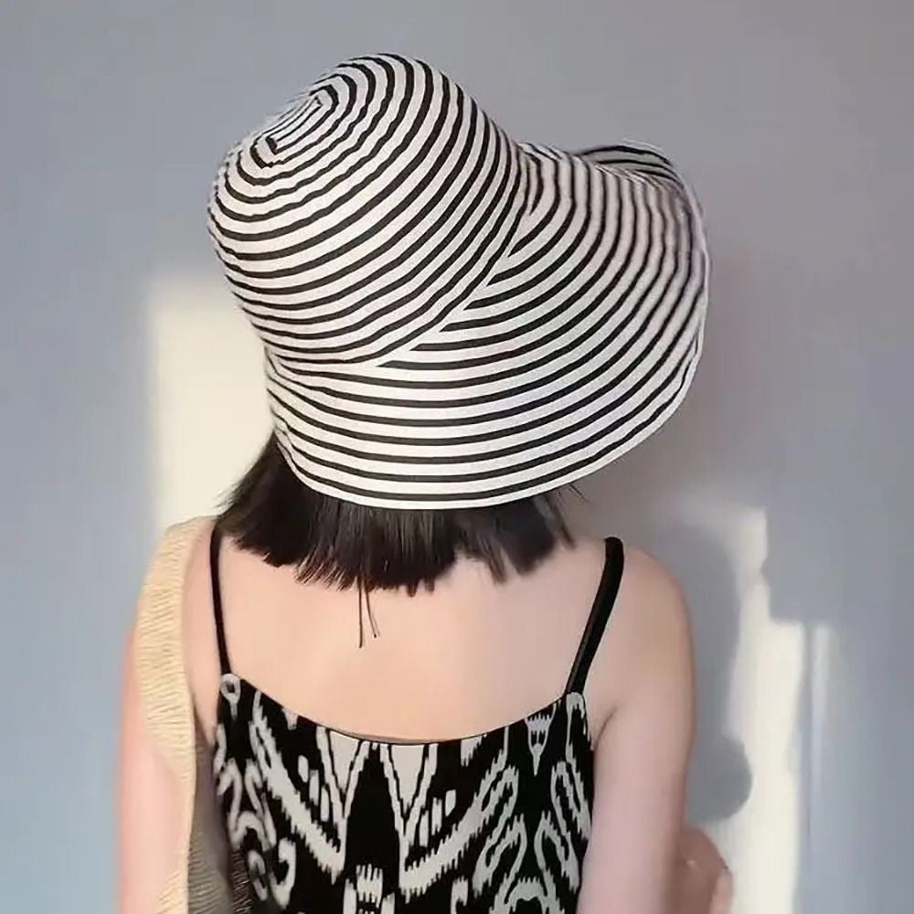 1Pcs Durable Sunproof Striped Bucket Hat Foldable Retro Summer Hat Big Head Circumference Fashion Sunscreen Basin Hat Women