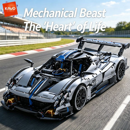 KAVOWORLD 1:8 Scale Silver-Blue Technical Super Racing Sports Car Building Blocks Set 3526pcs DIY STEM Assembly Premium ABS Racing Car Building Bricks Toy Model with Rear Linkage Engine & Track Wing, Ideal Birthday Christmas Gift for Teens Adults