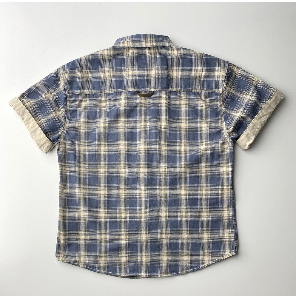 2025 Summer New American Retro Short Sleeve Lapel Plaid Cargo Shirt Men's Simple 100% Cotton Washed Single Pocket Casual Blouses