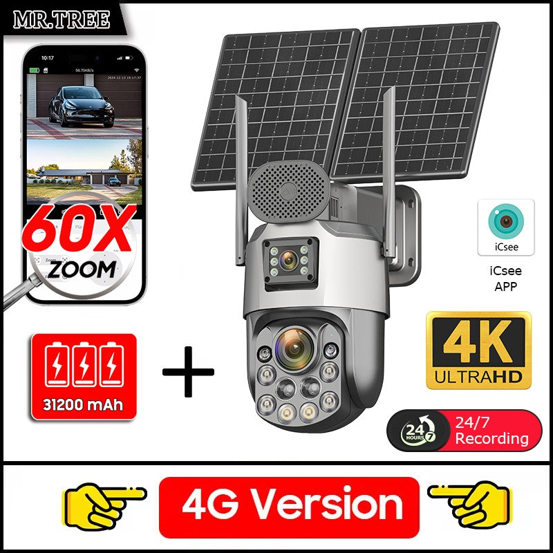 Câmeras de segurança solares externas 4K, 4G SIM, 2 lentes/tela, zoom óptico de 60x, rastreamento automático, PTZ 360°, câmera IP para vigilância residencial
