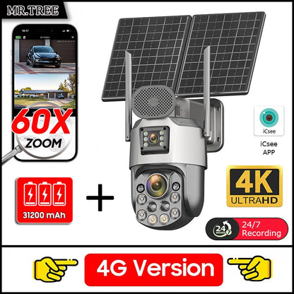 Câmeras de segurança solares externas 4K, 4G SIM, 2 lentes/tela, zoom óptico de 60x, rastreamento automático, PTZ 360°, câmera IP para vigilância residencial