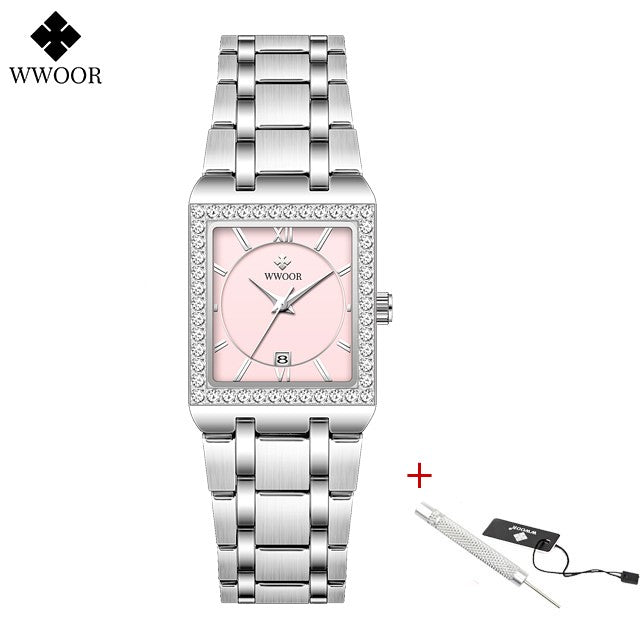 WWOOR Top Brand Luxury New Ladies Diamond Watch Fashion Square lady Wrist Watch Simple Women Dress Small Watch Relogio Feminino