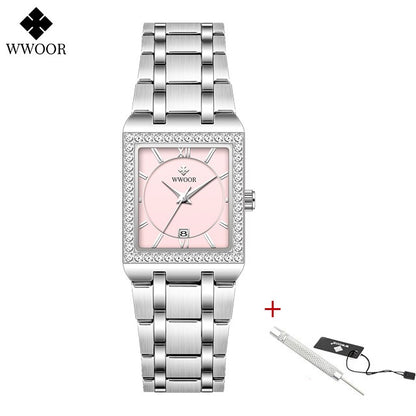 WWOOR Top Brand Luxury New Ladies Diamond Watch Fashion Square lady Wrist Watch Simple Women Dress Small Watch Relogio Feminino
